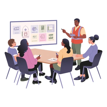 A digital flat illustration depicting a safety meeting in a well-lit conference room. In the center, a diverse group of employees is seated around a long table. There are three men and two women. One employee on the left has light skin and short brown hair, wearing a blue shirt. The second employee has dark skin and is wearing a red safety vest. The third employee has medium skin and long black hair, dressed in a yellow shirt. The first woman has light skin and a bun, wearing a green dress, while the second woman has dark skin and is wearing a purple blouse. 

At the front of the room, a whiteboard displays various "safety visuals" including "safety gear", "emergency exits", and "first aid procedures." A facilitator, who has medium skin and short curly hair, stands next to the whiteboard, pointing towards one of the visuals with a marker in hand. The atmosphere is engaged and focused, with employees taking notes on their notepads.