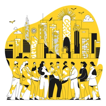 A large mosaic composed of numerous small tiles, each tile featuring various black and yellow images. The centerpiece displays a group of diverse people holding hands, symbolizing unity and strength. Surrounding them are illustrations of skyscrapers, with one prominently resembling the Twin Towers, symbolizing remembrance. In the background, there are elements representing hope, such as a rising sun and birds in flight. Each tile contributes to the overall theme of hope and resilience, with intricate details that tell a powerful narrative.