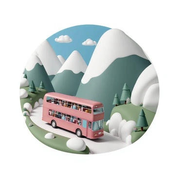 A red double-decker bus is navigating through a narrow mountain pass. The bus has large windows, and its upper deck is filled with tourists enjoying the view. Towering peaks surround the pass, covered with green trees and rocky cliffs. The sky is clear blue, and a few fluffy clouds float above the mountains. The road is winding, and there are patches of grass and wildflowers growing along the edges, contrasting with the rocky terrain. The bus is in motion, with its wheels slightly tilted as it makes a sharp turn in the pass.