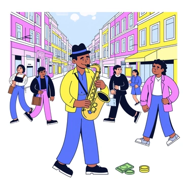 A street musician wearing a black hat is playing a shiny saxophone on a bustling city sidewalk. The musician has a focused expression as he leans into the instrument. Around him, people walk by, some stopping to listen. Colorful storefronts and tall buildings are in the background, adding to the lively atmosphere. A small collection of coins and bills is placed on the ground near the musician, showing appreciation for his performance.