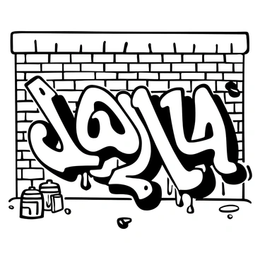 A textured brick wall in an urban setting serves as the background. The wall is covered with dynamic graffiti art showcasing bold lettering and intricate designs. Various shapes and patterns are interwoven with the lettering, creating a layered visual effect. Some paint drips add a sense of movement, while a few spray cans are scattered at the base of the wall.