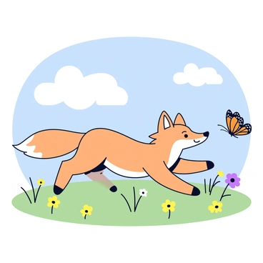 A coyote with a light brown coat and bushy tail is playfully chasing a delicate butterfly. The coyote has bright, curious eyes and its ears are perked up in excitement. The butterfly has vibrant orange and black wings that flutter gracefully. The scene takes place in a sunny field with green grass and scattered wildflowers in shades of yellow and purple. A few fluffy white clouds drift in a clear blue sky above.