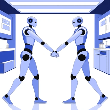 Two identical robotic humans are positioned in a futuristic laboratory setting. They are facing each other, perfectly mirroring each other's movements with precise synchronization. Each robot features a sleek metallic surface, articulated joints, and illuminated elements that highlight their joints and eyes. The laboratory is filled with advanced technology, including holographic displays and futuristic equipment lining the walls. Bright overhead lights cast sharp shadows, accentuating the robots' forms as they perform identical gestures in unison.