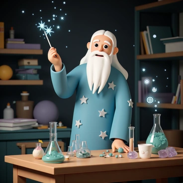 A wizard, wearing a long blue robe adorned with silver stars, stands at a wooden table covered in various glass vials and bubbling potions. His long white beard flows down to his chest as he focuses intently on a green liquid swirling inside a flask. The laboratory is dimly lit, with shelves filled with ancient books and mystical ingredients. Various magical artifacts, like a crystal ball and a set of rune stones, are scattered around the room. The wizard raises his wand, which sparkles with magical energy, as he prepares to cast a spell. Smoke and glowing orbs swirl in the air, creating an atmosphere of enchantment and mystery.