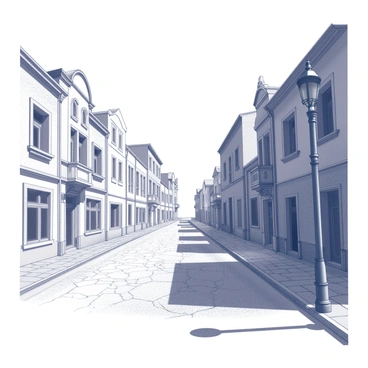 An empty street lined with old buildings, each featuring intricate architectural details. The buildings exhibit various styles, with ornate window frames and weathered facades. Some have decorative cornices and balconies that add character to the scene. The cobblestone street is cracked and uneven, suggesting years of neglect. Shadows cast by the buildings create contrasting patterns on the ground. A single, abandoned lamppost stands at the edge of the street, adding to the sense of desolation. The overall atmosphere conveys a feeling of a space once vibrant, now quiet and forgotten.