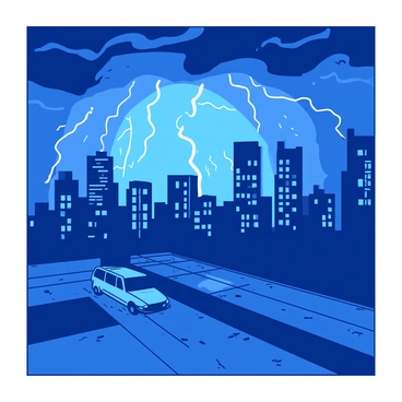 A blue city skyline is illuminated against a dark night sky. In the background, there are tall buildings with glowing windows reflecting the blue light. A dramatic lightning storm fills the sky with vibrant flashes of white and blue, creating a stark contrast against the silhouette of the buildings. Dark clouds swirl above, enhancing the intensity of the storm. The streets below are wet, and small puddles reflect the blue hues of the lightning, adding depth to the scene.