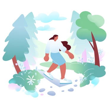 A person is walking leisurely along a forest trail that is illuminated by soft sunlight filtering through the leaves. The individual is wearing a light, comfortable outfit suitable for outdoor activities. The trail is surrounded by tall trees with vibrant green foliage, and patches of sunlight create a dappled effect on the ground. Alongside the path, there are various wildflowers in bloom, adding splashes of color to the scene. A few small stones and fallen leaves are scattered on the forest floor, enhancing the natural setting.