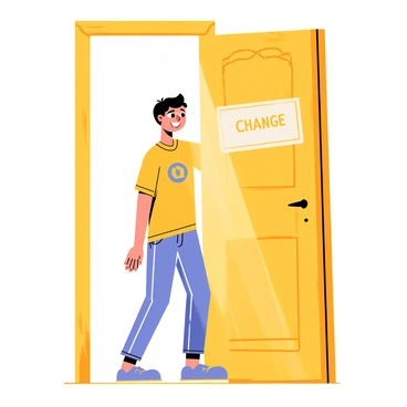 A person standing in front of a wooden door with a sign that reads "Change" in bold letters. The door is slightly ajar, and warm light is spilling out from behind it, illuminating the person's silhouette. The individual has an eager expression, wearing casual clothing, and one foot is poised to step forward into the light. The doorframe is adorned with intricate designs, and the surrounding area has subtle shadows that highlight the intensity of the scene.