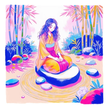 SZA is seated cross-legged on a smooth stone in a tranquil zen garden. She has long, curly hair flowing gently around her shoulders. She is wearing a flowing, light-colored kimono that contrasts softly with the earthy tones of the garden. The garden features neatly raked sand patterns, creating harmonious lines radiating from a central stone. Surrounding her are carefully placed rocks of varying sizes and shapes, with small green plants interspersed throughout. A few tall bamboo stalks sway lightly in the breeze, adding to the peaceful ambiance of the scene.