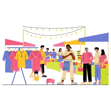 A bustling market scene filled with various stalls and shoppers. In the foreground, a vendor stands by a display showcasing colorful kaftans in vibrant hues of red, blue, and yellow. The kaftans hang neatly on hangers, fluttering gently in the breeze. Shoppers of diverse backgrounds browse the stalls, some holding bags filled with goods. Brightly colored fruits and vegetables are arranged neatly at nearby stalls, adding to the lively atmosphere of the market. Strings of decorative lights are suspended above, enhancing the vivid colors of the scene.