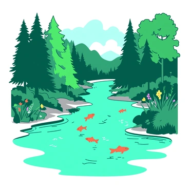 A teal river flows gently through a dense forest filled with tall green trees and lush foliage. The water is clear, revealing several orange fish swimming gracefully beneath the surface. The sunlight filters through the leaves, casting dappled light patterns on the riverbed. Along the banks, patches of grass and colorful wildflowers add vibrancy to the serene landscape.