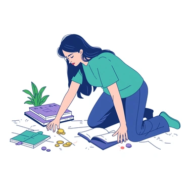 A woman with long, dark hair is kneeling on a light-colored wooden floor. She is wearing a comfortable, casual outfit consisting of a teal t-shirt and navy blue sweatpants. Around her, there are various scattered household items including books, a small green plant, and a few colorful toys. The woman is intently focused, her brow slightly furrowed as she searches for a small, shiny coin. One hand is reaching towards the floor while the other is brushing aside a few items to uncover the missing coin.