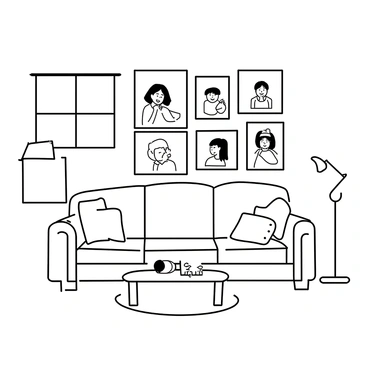 A wall adorned with cheerful family portraits in a Peppa Pig style living room