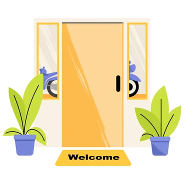 The inviting doorway of a motorcycle shop features a large wooden door with a glossy finish. A "Welcome" mat is placed right in front of the door, showcasing bold lettering. On either side of the entrance, there are vibrant green potted plants, each with lush leaves. The shop's window displays a selection of motorcycles, clearly visible through the glass.