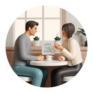 A couple sitting at a small round table in a cozy café, surrounded by soft ambient lighting. The man is wearing a gray sweater and blue jeans, while the woman is dressed in a cream-colored cardigan and black leggings. They are holding steaming cups of coffee, smiling at each other, with the steam gently rising from the cups. On the table between them, there is a "Save the Date" card, prominently displayed, with an elegant font. The café is adorned with wooden accents, and there are small potted plants on the windowsill.