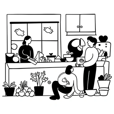 A black-and-white illustration of a kitchen filled with various cooking utensils and appliances. A family is gathered around a countertop, working together on preparing a meal. One person is chopping vegetables on a cutting board, while another is stirring a pot on the stove. Fresh ingredients, such as bunches of herbs, tomatoes, and peppers, are spread out on the countertop. There are bowls and dishes scattered around, indicating an active cooking environment. A large window in the background shows a glimpse of the outside world, adding context to the scene.