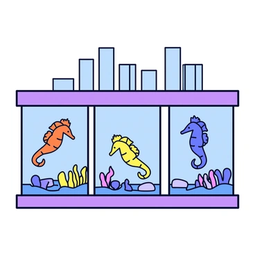 A city skyline with tall buildings and a clear blue sky in the background. In the foreground, there are giant aquarium windows that showcase a vibrant underwater scene. Through the windows, several colorful seahorses swim gracefully among coral reefs and aquatic plants. The seahorses have various patterns and shades, including orange, yellow, and blue. The aquarium is well-lit, highlighting the beauty of the seahorses and the surrounding aquatic environment.