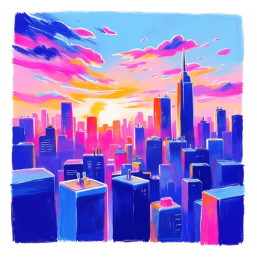 A vibrant city skyline features a collection of tall buildings of various shapes and sizes. The silhouettes of the buildings appear dark against the backdrop of a dramatic sunset. The sky is filled with swirling colors of orange, pink, purple, and deep blue, transitioning from light to dark as the sun sets. A few wispy clouds are scattered across, illuminated by the sunlight as it dips below the horizon. The scene evokes a sense of an urban landscape at dusk.