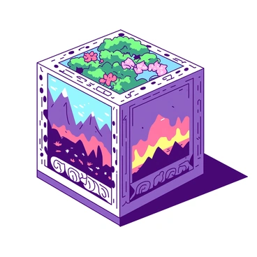 A cube-shaped box with intricate carvings on its surfaces is placed on a reflective surface. Each face of the box displays a different scene, portraying various realities. One face shows a lush green forest with vibrant flowers, while another depicts a futuristic city with tall skyscrapers. The third face reveals a serene underwater world filled with colorful fish, and the fourth showcases a fiery sunset over a mountain range. The box emits a soft glow, enhancing the details of each scene and creating a captivating contrast with the surrounding environment.