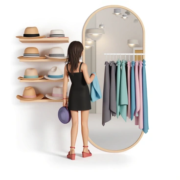 A fashionista, wearing a stylish black dress and vibrant red heels, stands inside a chic boutique. She has long, flowing hair and is examining various hats displayed on a wooden shelf. The hats range in style, including a wide-brimmed sun hat and a trendy fedora. Next to her, there is an array of colorful scarves draped over a clothing rack. She holds a light blue scarf in one hand and is considering a deep purple hat in the other. The boutique has elegant lighting and mirrors reflecting the fashionable ambiance.