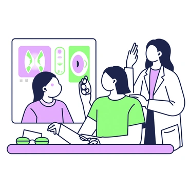A young woman is sitting in a bright eye clinic, looking intently in a mirror as she tries on contact lenses for the first time. She has shoulder-length hair and is wearing casual clothing. Beside her, an optometrist in a white coat is guiding her through the process. The optometrist is holding a small case with contact lenses and pointing towards the mirror, providing instructions. In the background, there are various eye care equipment and a poster on the wall illustrating the anatomy of the eye.