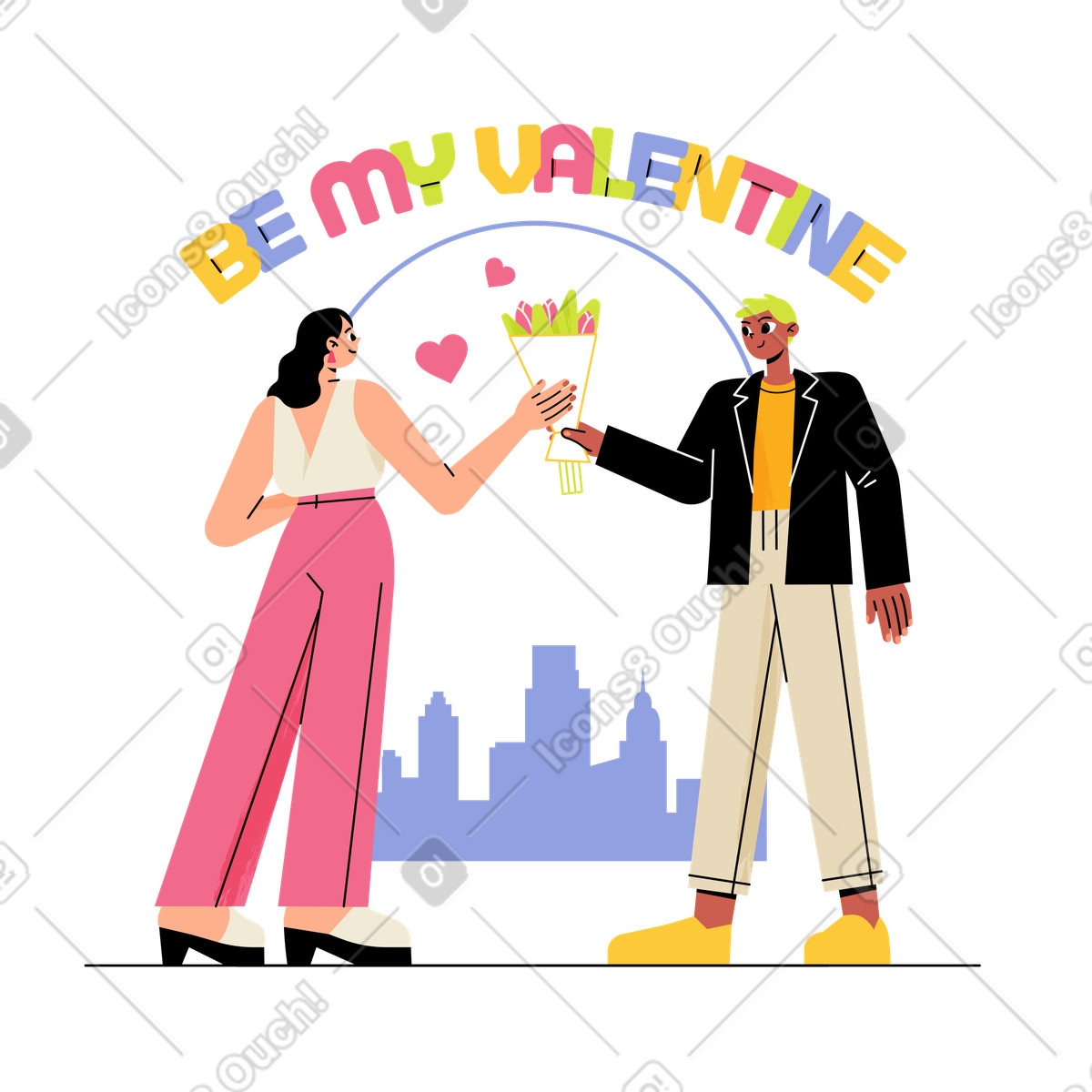 Juicy スタイルの Boyfriend giving bouquet of tulips to his girlfriend, Romantic gesture for Valentine's Day のイラストをPNG、SVG形式でダウンロード