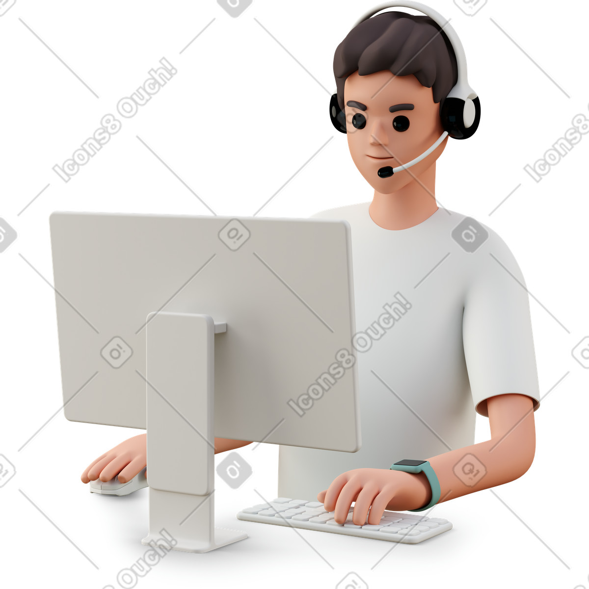 Ilustração de Jovem no fone de ouvido usando computador em PNG e SVG