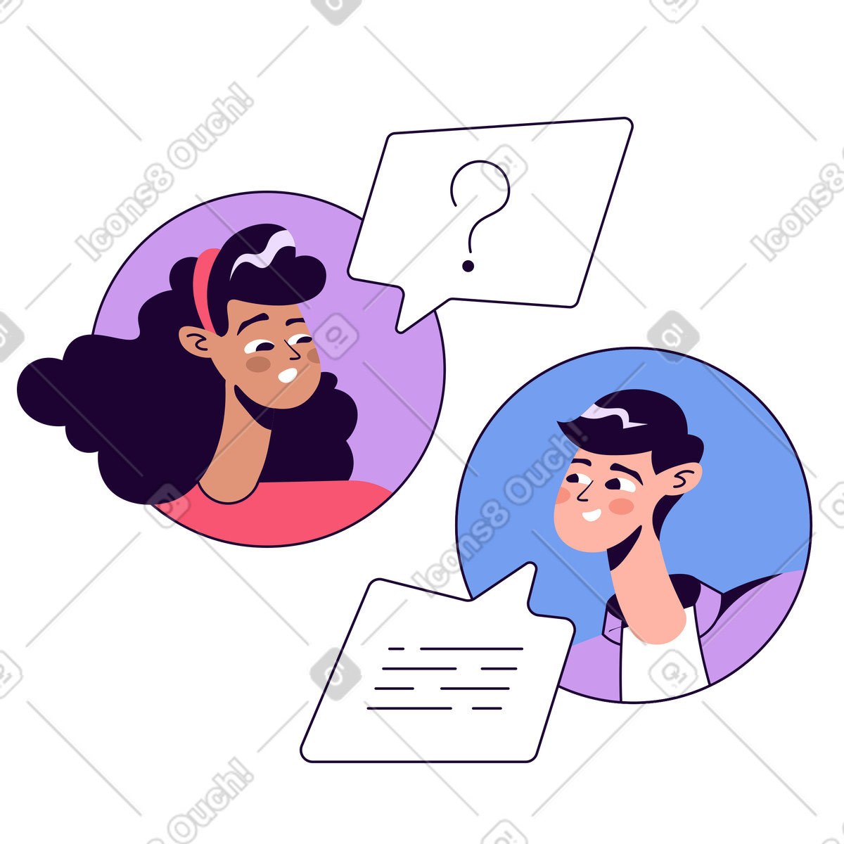 Frau, die einem support-mitarbeiter eine frage stellt animierte Illustration im Martina-Stil als Download in GIF, Lottie (JSON), AE