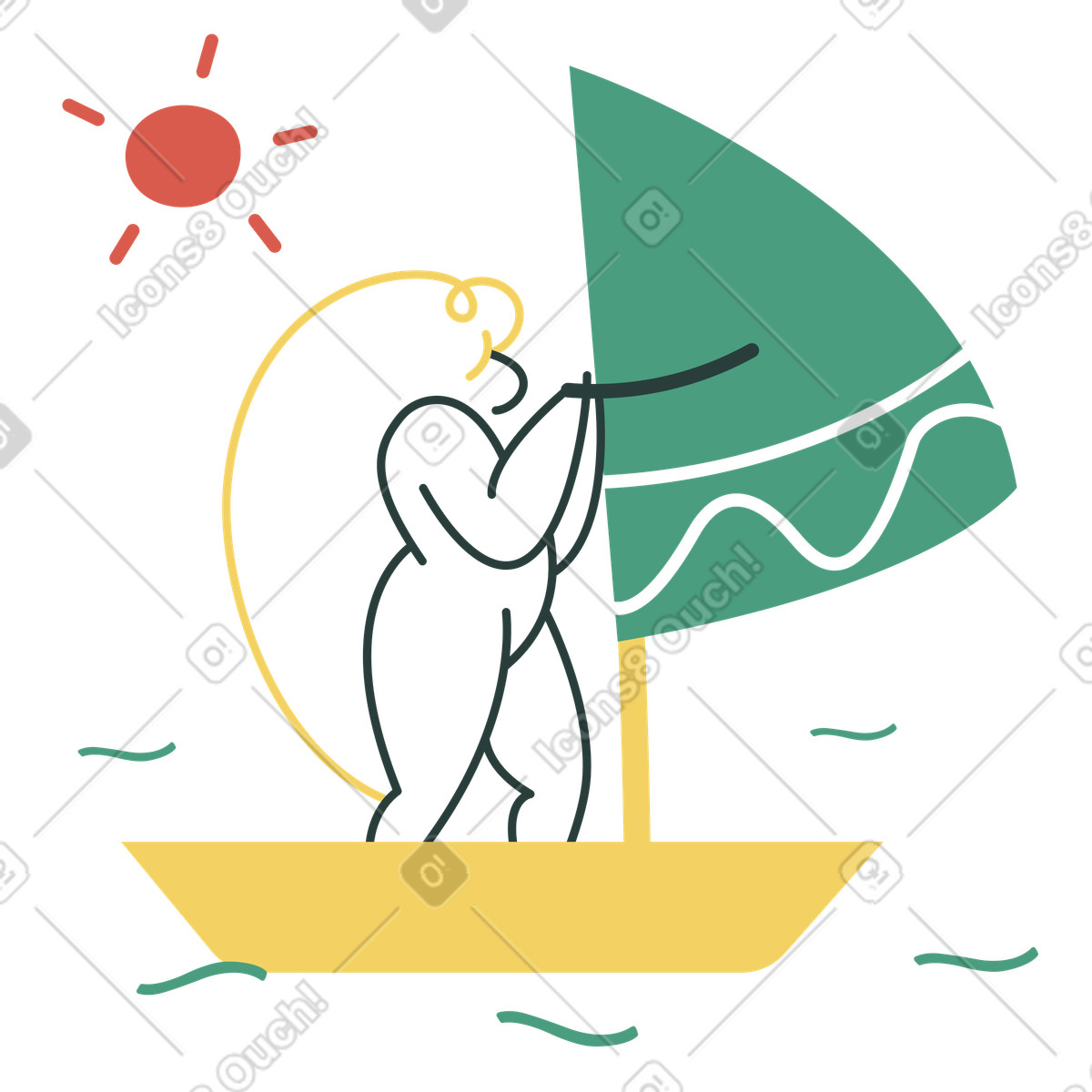 Frau steuert ein segelboot auf dem meer-Illustration im Macaroni-Stil als Download in PNG, SVG