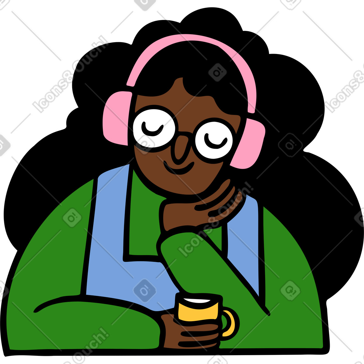 Comic 스타일의 헤드폰을 끼고 앉아 컵을 든 여성 일러스트레이션 PNG, SVG 다운로드