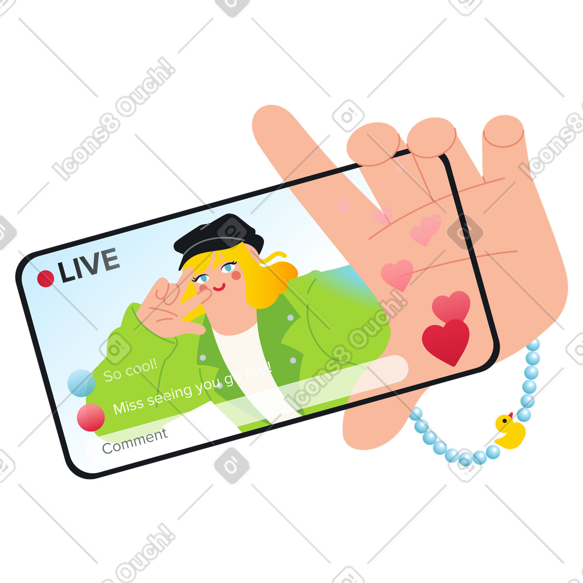 Influencer live streaming and receiving likes illustration in Fizzy style download in PNG, SVG