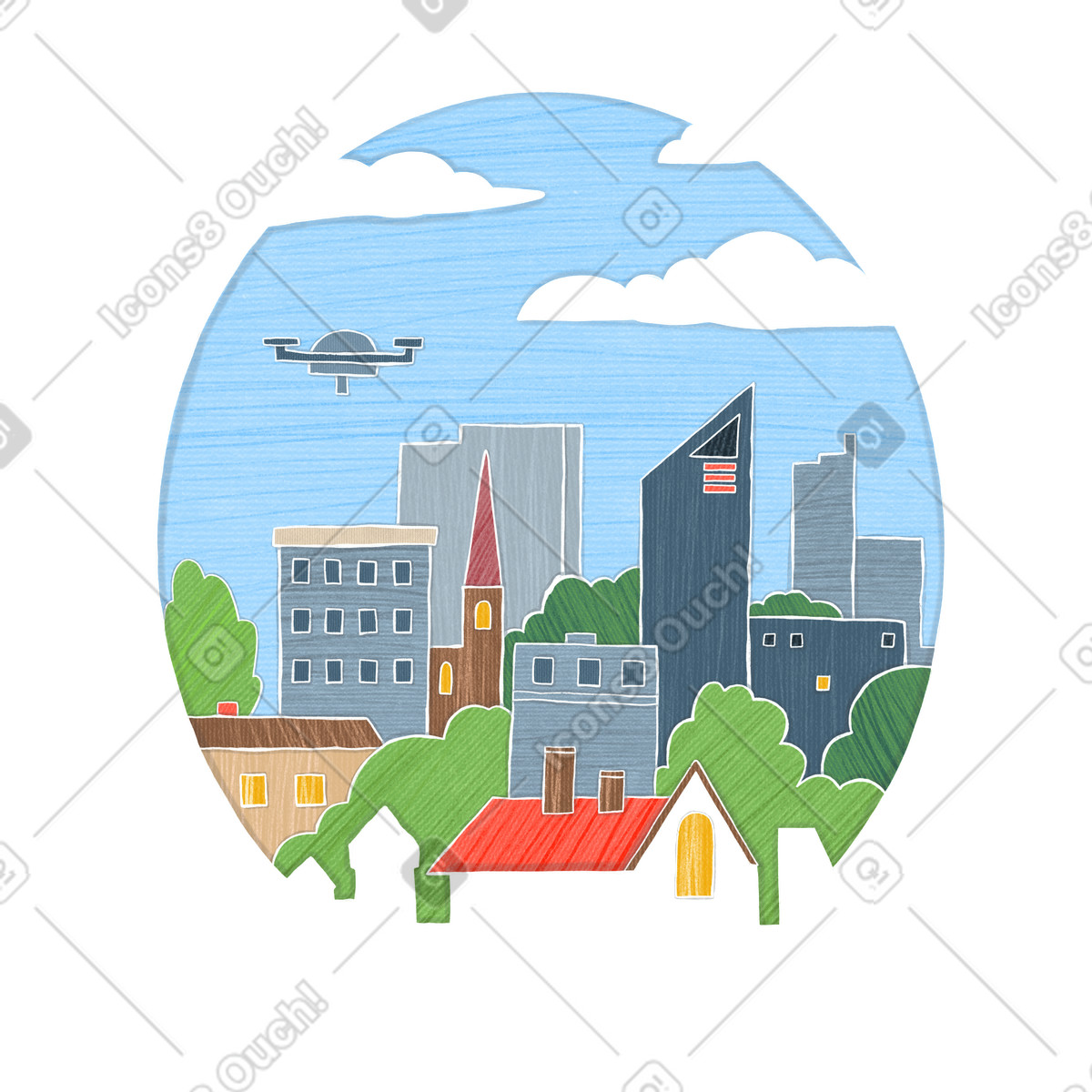 Urban landscape with flying drone in a rounded frame illustration Crafty style download PNG, SVG