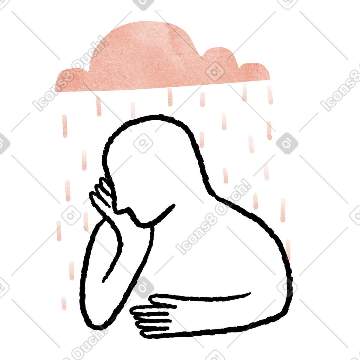 Illustration Silhouette figure under rain cloud expressing sadness and emotional pain dans le style Anthropic Claude Hand Drawn à télécharger aux formats PNG, SVG
