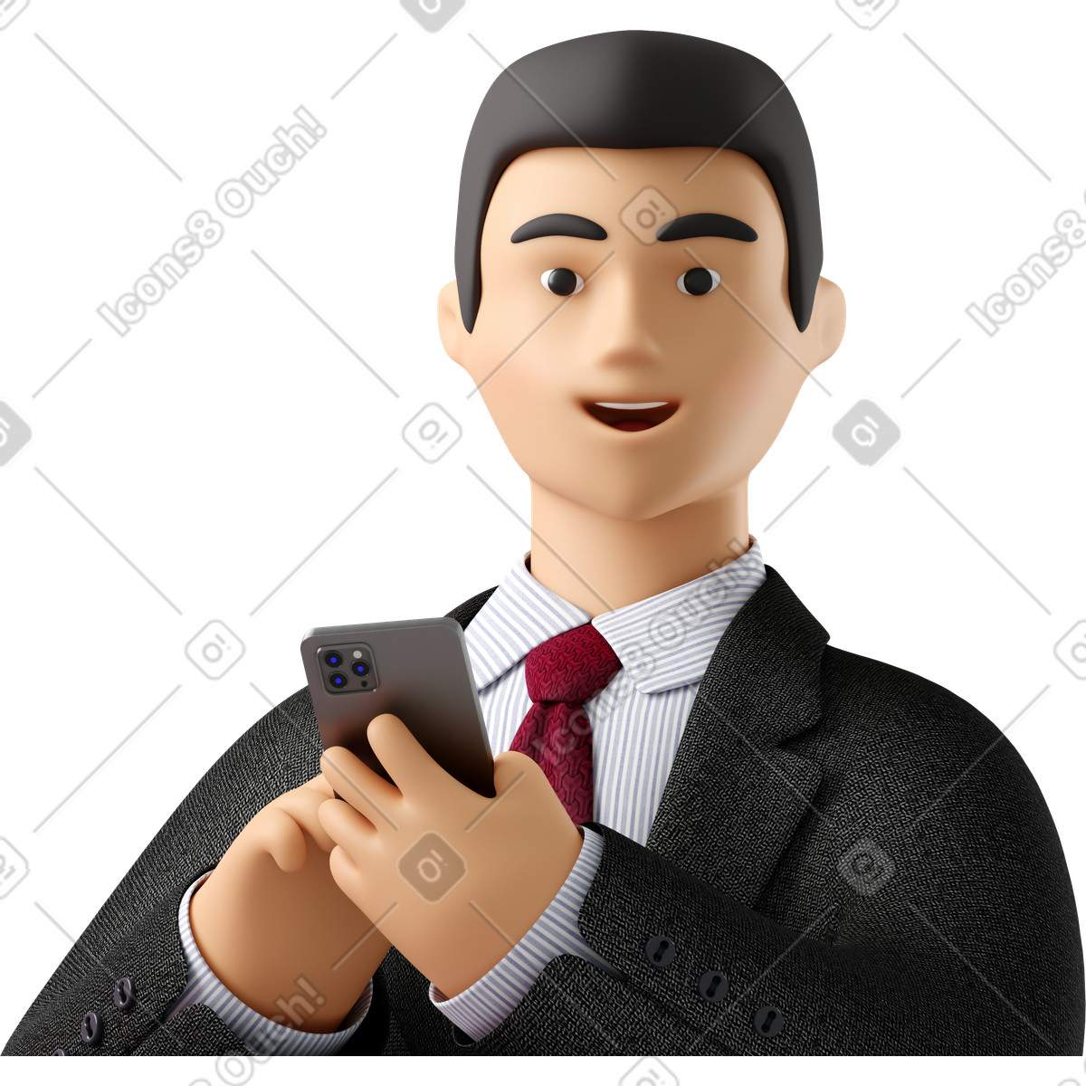 Illustration Close up of businessman in black suit with phone looking straight dans le style 3D Business à télécharger aux formats PNG, SVG