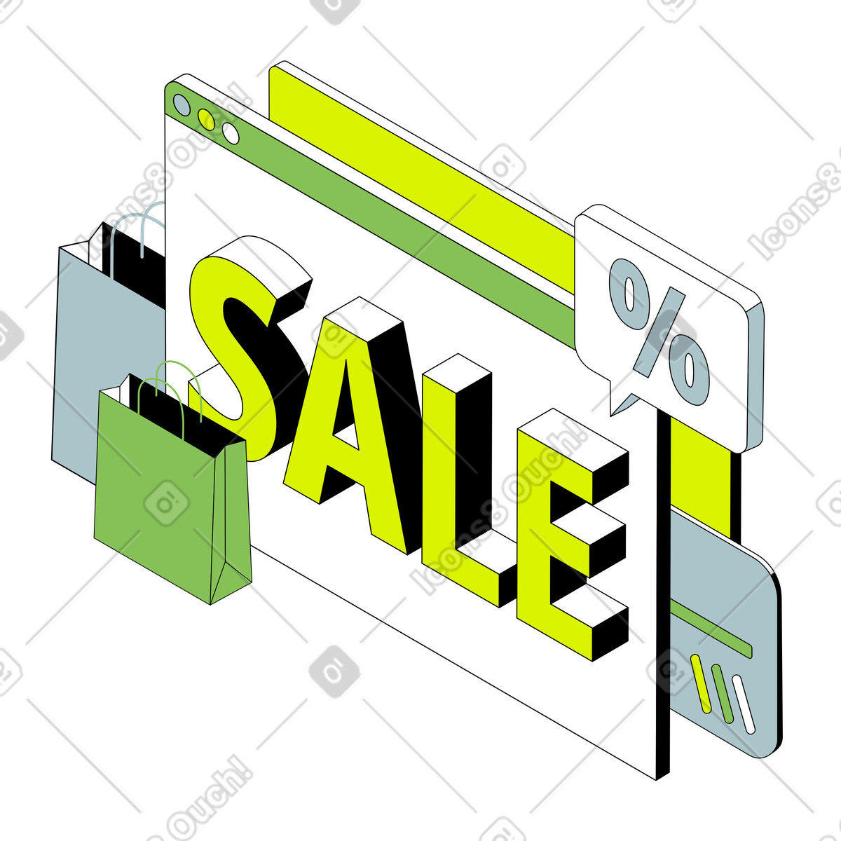 Schriftzug „sale“ mit tüten, karte und prozentzeichentext-Illustration im Isometric-Stil als Download in PNG, SVG