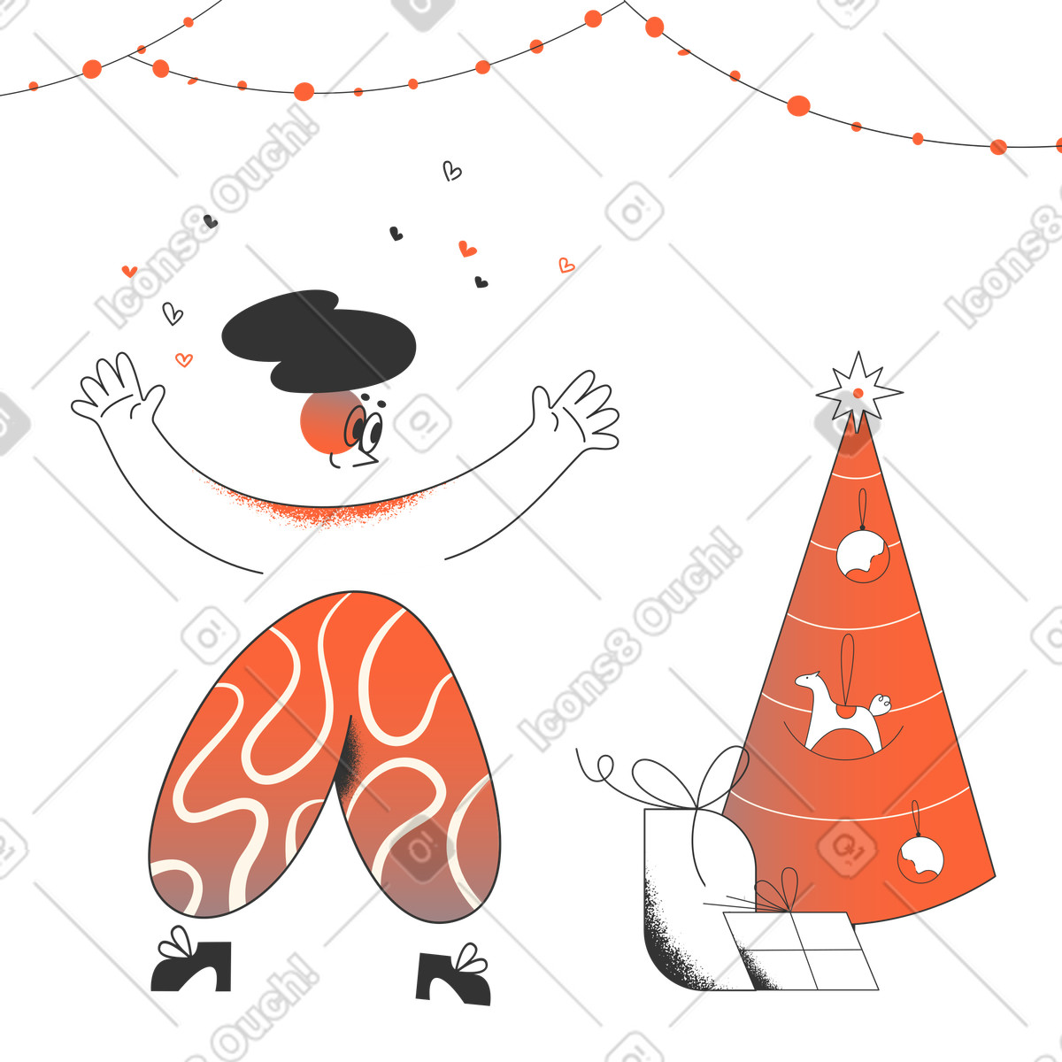 Woman is happy with decorated christmas tree illustration in Crayon style download in PNG, SVG