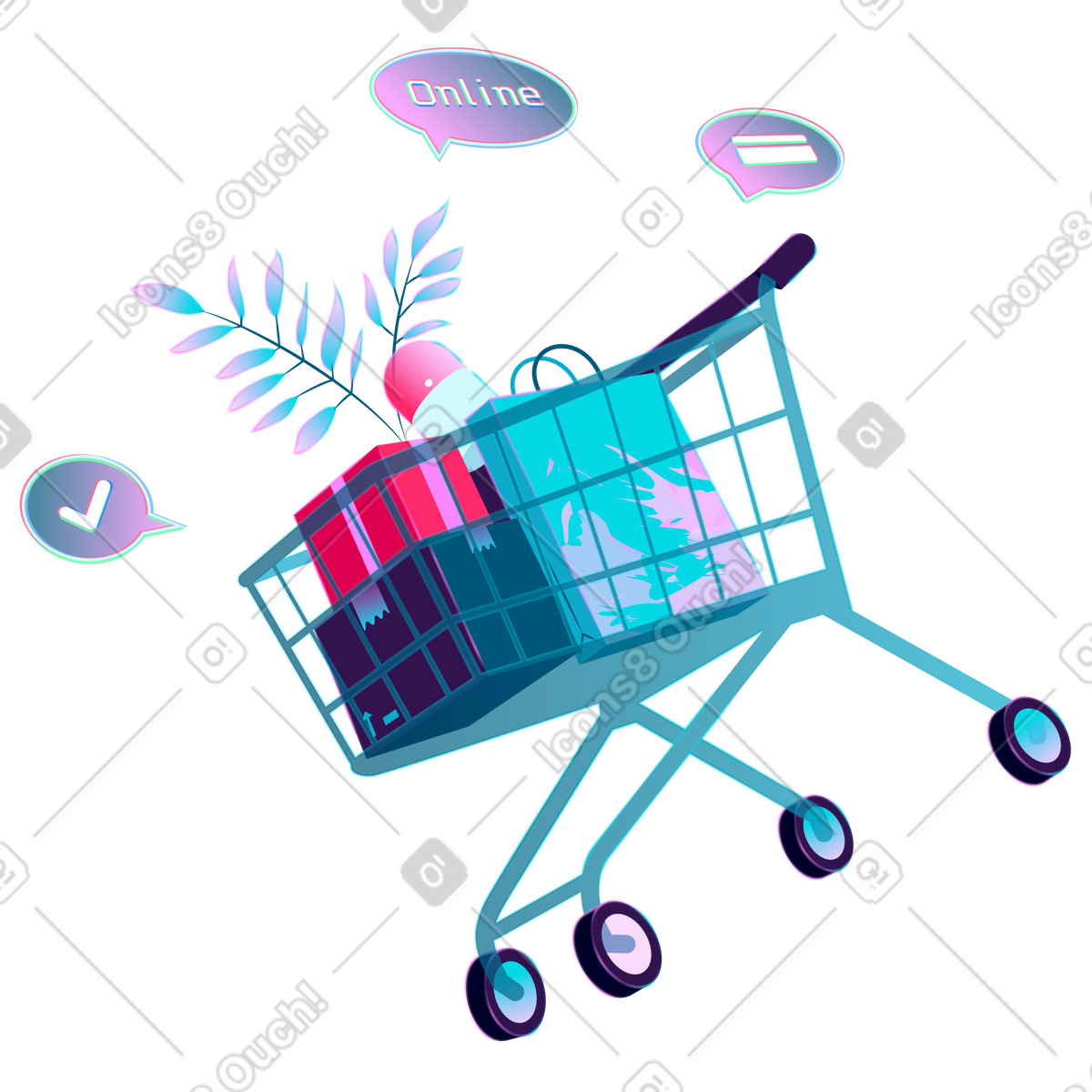 Ilustración Shopping cart filled with products, Online retail and E-commerce en estilo Neon a descargar en PNG y SVG
