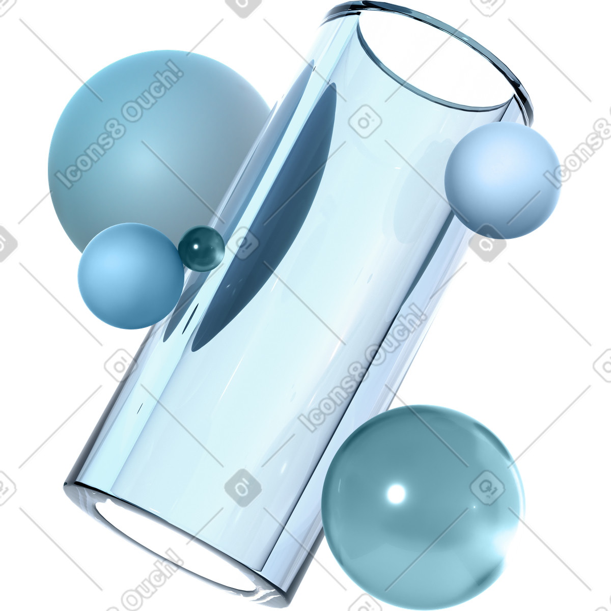 Ilustración Tubo de vidrio monocromático iridiscente con orbes levitantes en estilo 3D Glassy a descargar en PNG y SVG