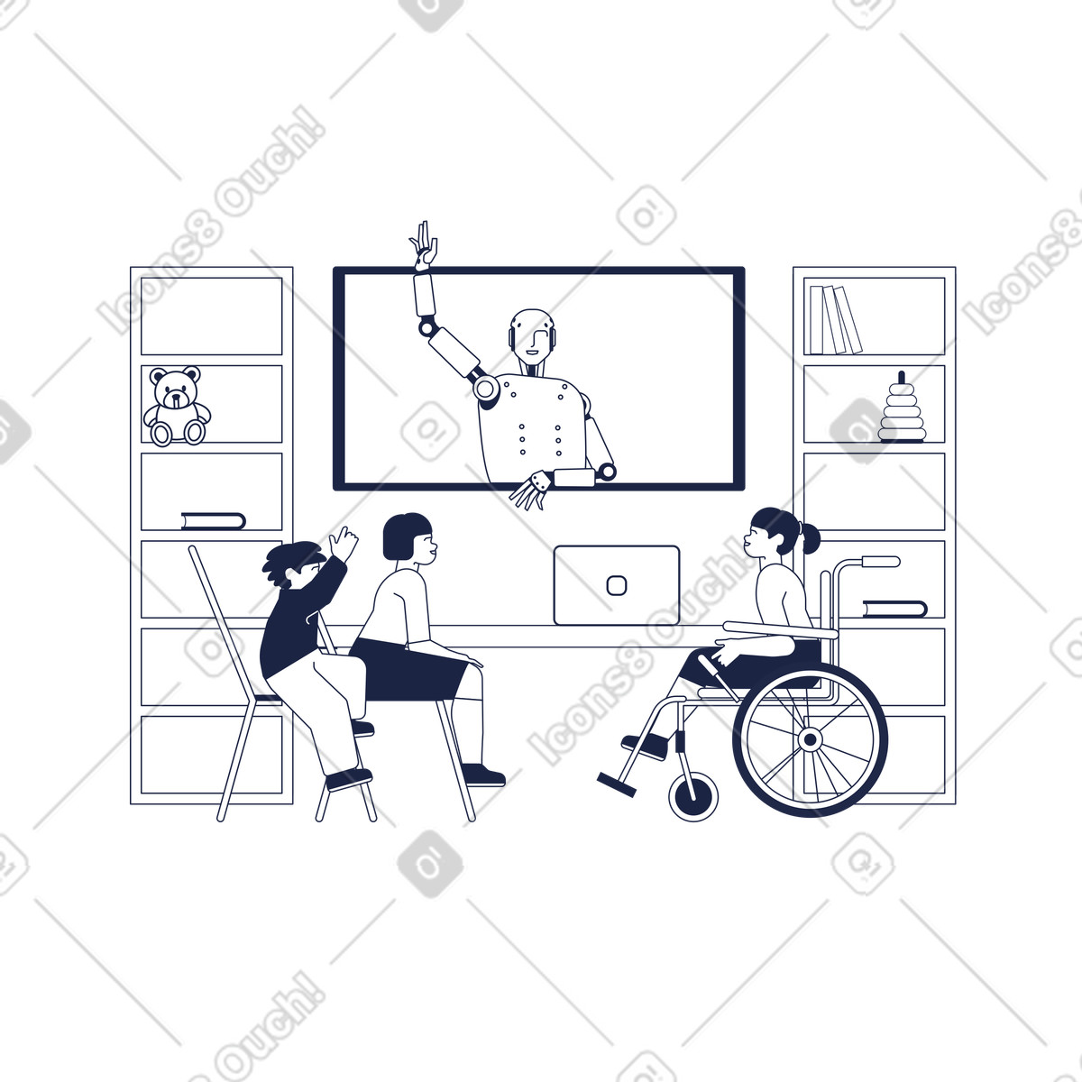 Illustration Un robot android enseigne aux enfants en ligne à l'école dans le style Urban Line télécharger formats PNG, SVG
