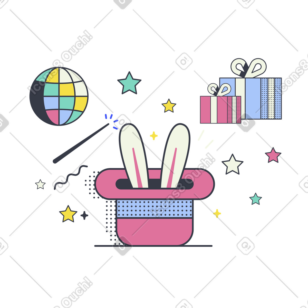 Birthday party with ball, presents and magic tricks illustration in Abstract style download in PNG, SVG