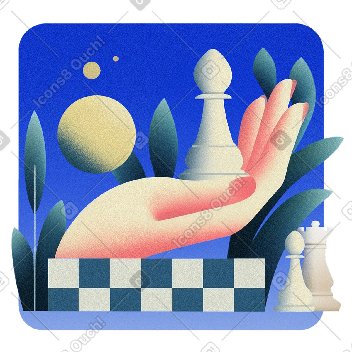 Hand holding chess piece, Strategy and decision making, Game planning tactics illustration in Grainy style download in PNG, SVG