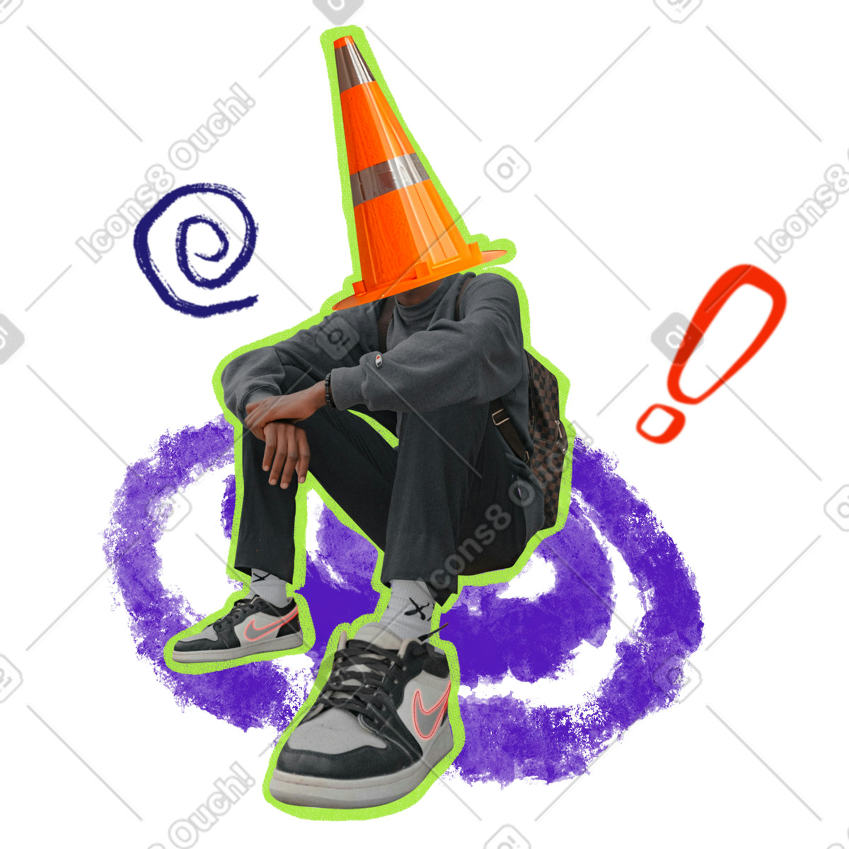Abstract collage of a guy with traffic cone on his head-Illustration im Energy-Stil als Download in PNG, SVG