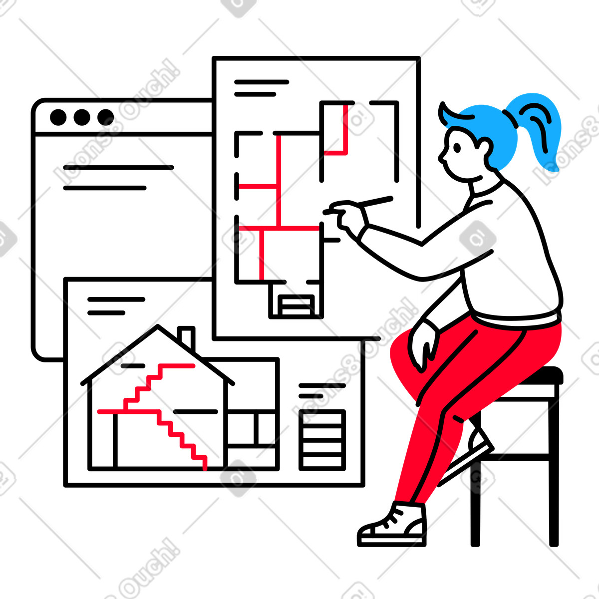 Architekt zeichnet haus und grundriss-Illustration im Transistor-Stil als Download in PNG, SVG