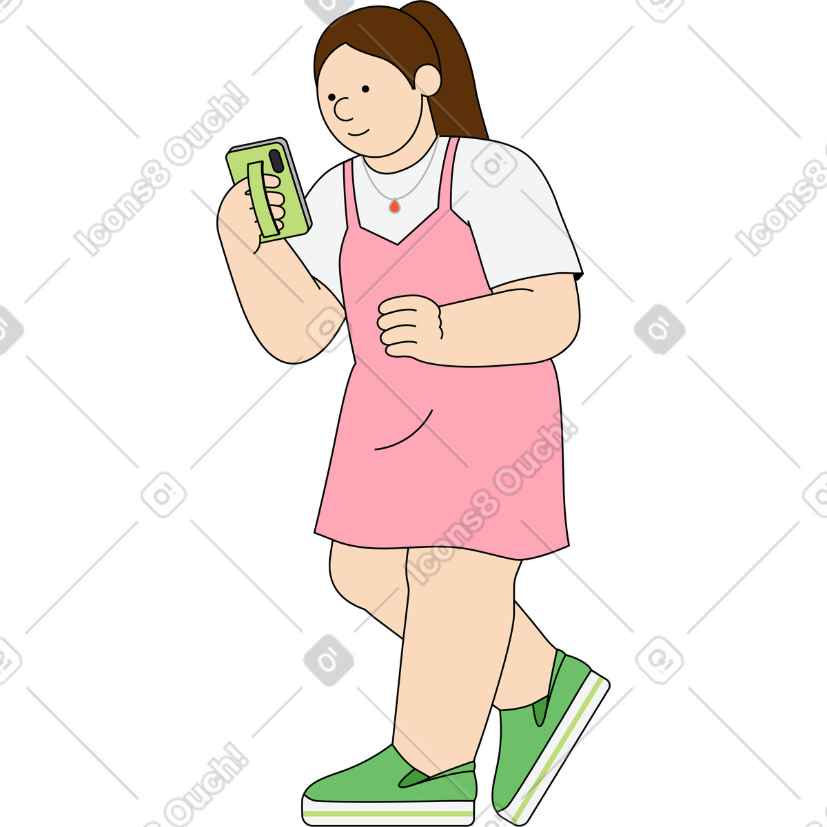 Young woman reading something on her phone illustration in Kindy style download in PNG, SVG