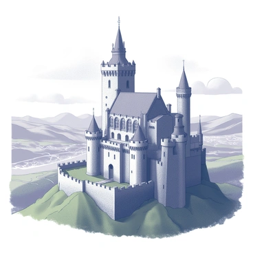 A grand medieval castle with tall, stone towers and fortified walls. The castle features battlements along the parapets and large, arched windows. It is perched on a lush green hill, surrounded by a vast landscape of rolling hills and the faint outlines of distant mountains. Below, a kingdom sprawls, with small villages and winding roads visible in the distance. The sky above is expansive, with scattered clouds drifting by. The scene conveys a sense of majesty and history, with the castle as the focal point of the rich, detailed environment.