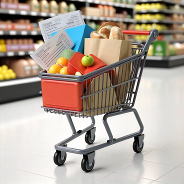 A metallic shopping cart filled to the brim with various crumpled receipts scattered throughout. The cart is also packed with several colorful grocery bags, including a bright red reusable bag, a blue tote, and a brown paper bag, each bulging with fresh produce and items. Among the bags, there are visible fruits such as apples and oranges, alongside a loaf of bread peeking out. The cart is positioned on a tiled floor, and the backdrop suggests a grocery store aisle with shelves stocked with various products.