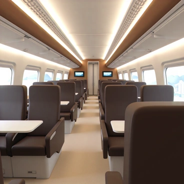 A first-class car of a bullet train, featuring plush, dark brown leather seats arranged in a spacious layout. Soft, ambient lighting illuminates the car, highlighting the polished wooden panels that line the walls. Each seat is equipped with a small, elegant table, offering a view of the sleek, high-tech entertainment screens embedded in the back of the seats. There are large panorama windows that reveal a blur of passing landscapes outside. The carpeting is a plush beige, creating a warm contrast with the darker furnishings. Stylish overhead luggage compartments are neatly closed, and a subtle decorative pattern adorns the ceiling, adding to the luxurious atmosphere.