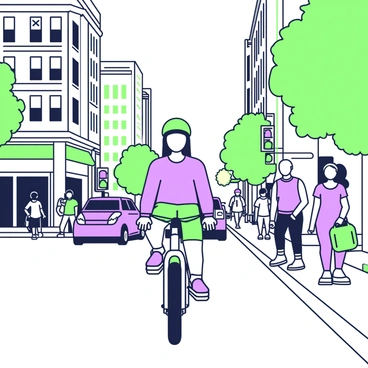 A person is riding an electric bike along a busy urban street filled with various buildings and shops. The rider is wearing a bright helmet and casual clothing, gripping the handlebars firmly. Surrounding the cyclist, there are pedestrians walking on the sidewalks, some of them looking at their phones. In the background, vehicles are parked along the street, and traffic lights are visible. Tall buildings with windows dominate the scene, and there are green street trees lining the road. The atmosphere appears lively with movement in every direction.