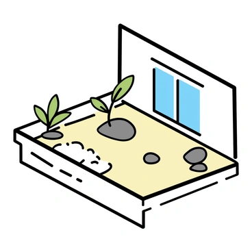A minimalistic drawing of an isometric room with a zen garden. The garden includes carefully arranged tranquil stones scattered on soft sand. There are indoor plants positioned in the corners, with green leaves and elegant shapes. The walls of the room are simple and light-colored, contributing to an open feel. Sunlight enters through a window, casting soft shadows across the space.