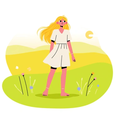 A girl with long, flowing hair stands in a vibrant green field. The golden hour sunlight casts a warm glow, highlighting her hair and creating a soft halo effect around her. She wears a light, fluttering dress that moves gently in the breeze. The background features a few scattered wildflowers and the soft silhouette of distant hills, enhancing the tranquil atmosphere of the scene.